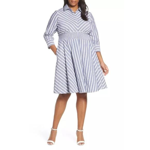 Eliza J Stripe Smocked Waist Shirtdress women's 10 - Picture 1 of 8